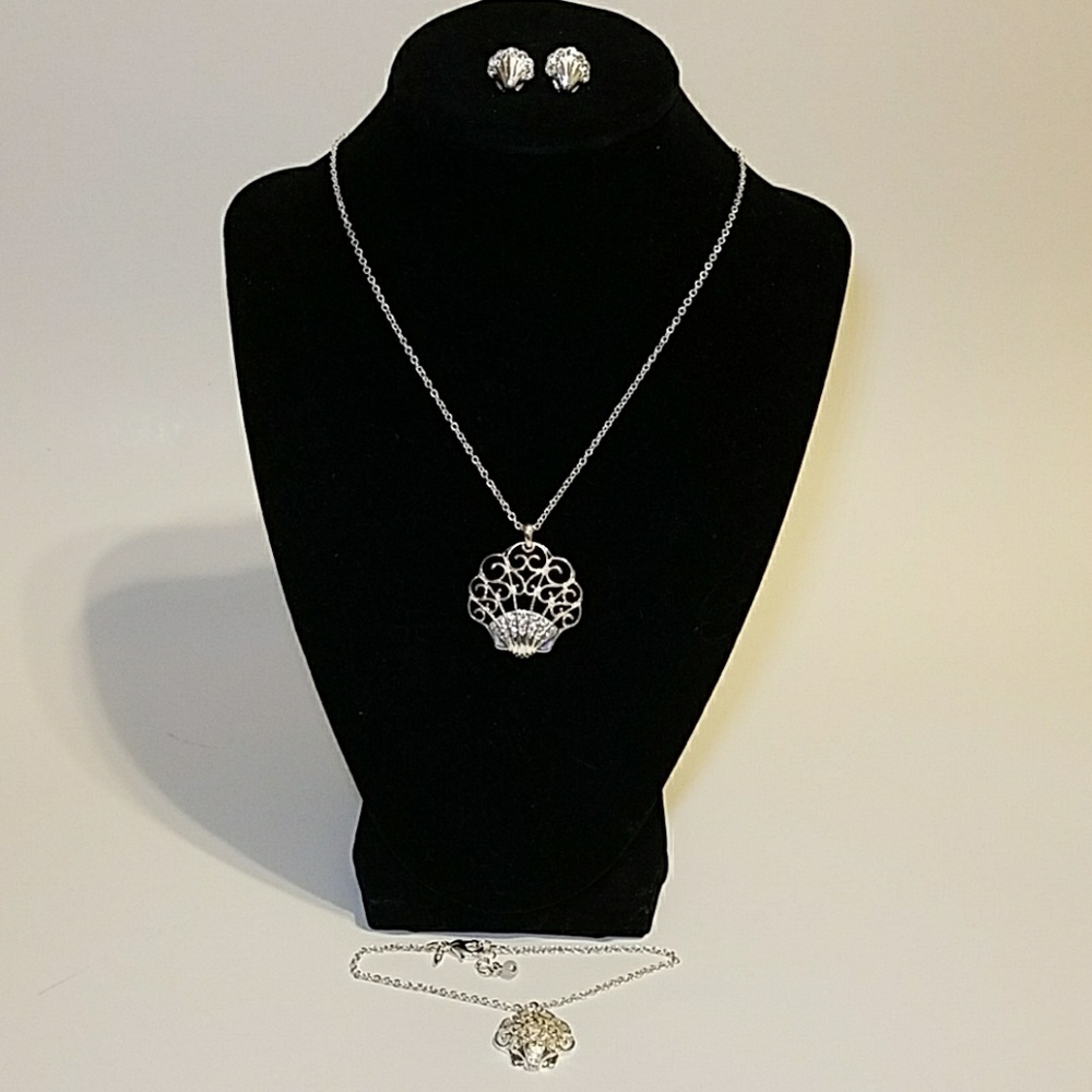 Silver shell rhinestone jewelry 3pc set